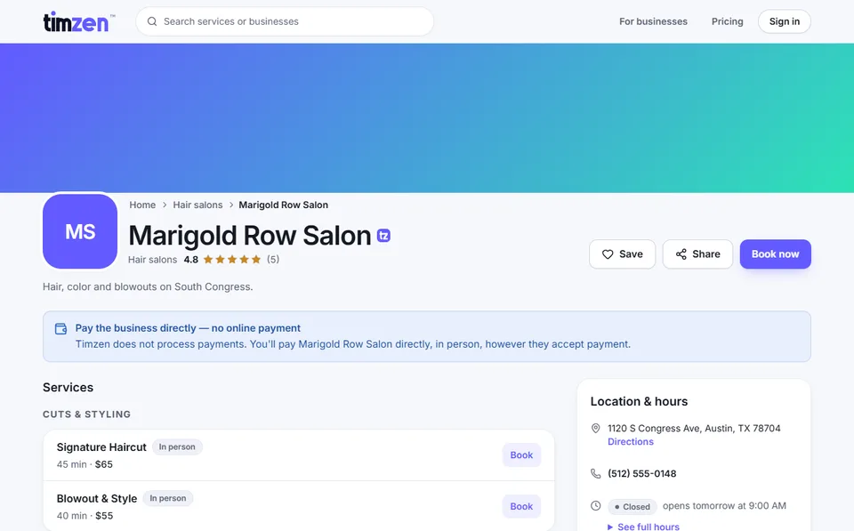 Marigold Row Salon's Timzen booking page: services with prices and durations, a Book now button, and location and hours