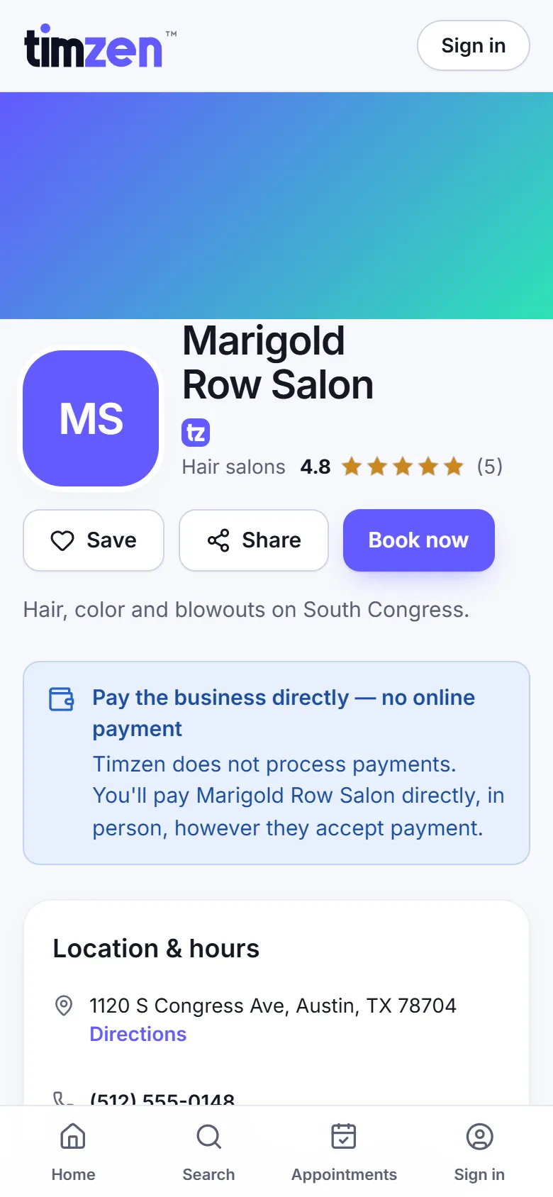 Marigold Row Salon's Timzen booking page on a phone: services with prices, a Book now button, and location and hours